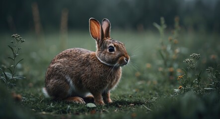 Fototapeta premium Hazel-hued rabbit on grassy ground