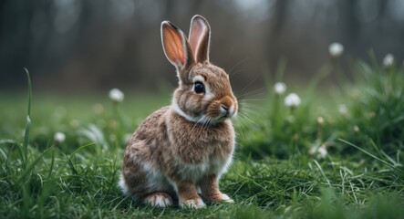 Fototapeta premium Charming little fluffy bunny sitting on lush green grass with a natural backdrop. Adorable wild rabbit in the outdoors during springtime. Cute furball rabbit in a meadow. Easter pet concept.
