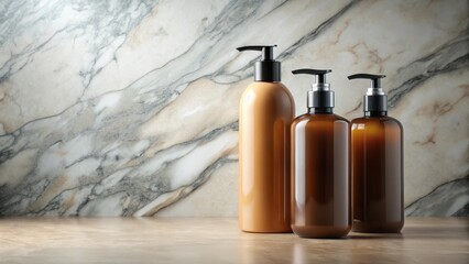Elegant shampoo and conditioner bottles on a marble countertop, table top arrangement, kitchen organization