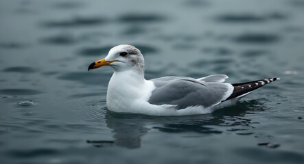 Gull gliding atop the water surface