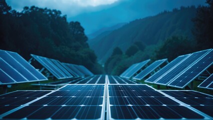 Scenic view of blue solar panels with cells and a sign.