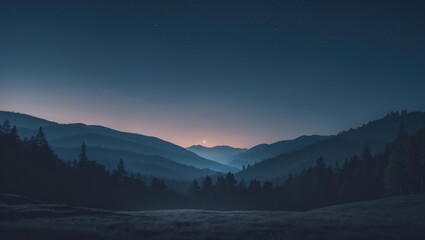Obraz premium Nighttime landscape featuring mountains and trees. A flat outdoor scene with distant hills and a serene background. A cartoonish style ideal for web design and UX UI concepts.