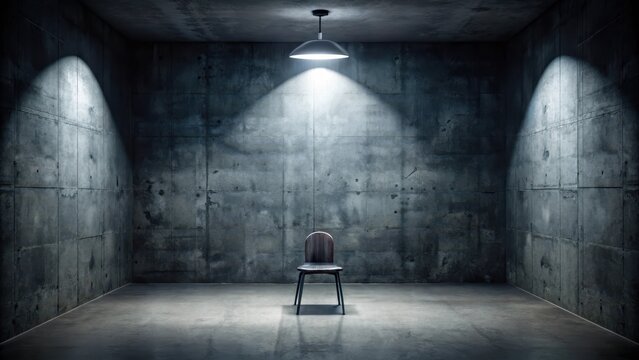 Dark and gritty interrogation room with a single bright light source above, casting an ominous glow on the cold concrete floor and walls, investigation, crime scene