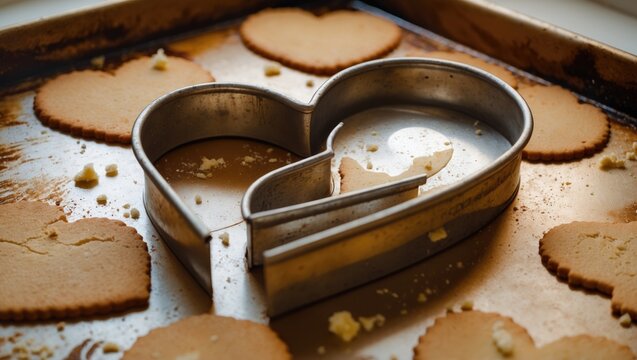 Metal heart-shaped cookie cutter placed on a baking tray with heart cookies