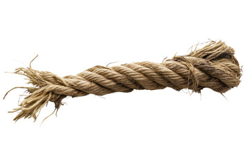A detailed shot of a rope that is frayed at one end, with fibers fraying and separating, about to snap