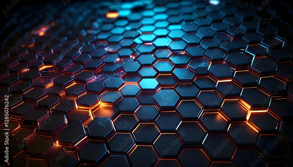 Poster abstract 3d hexagonal grid with luminous blue lights. technology background.