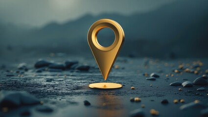 Gold location marker symbol, depicting ideas of GPS, navigation, and positional awareness.