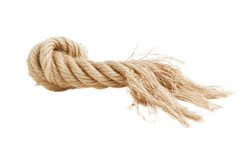 A detailed shot of a rope that is frayed at one end, with fibers fraying and separating, about to snap