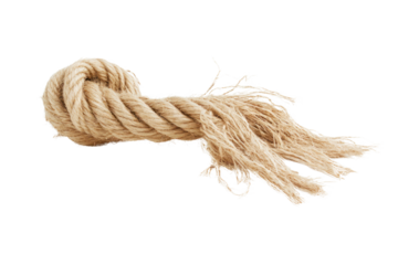 A detailed shot of a rope that is frayed at one end, with fibers fraying and separating, about to snap