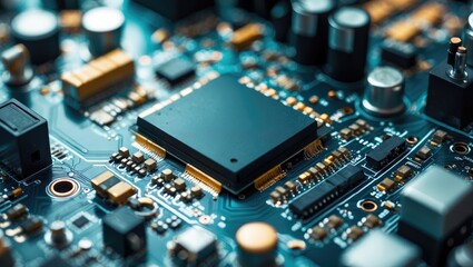 detailed view of an electronic circuit board set against a backdrop of various electronic components.
