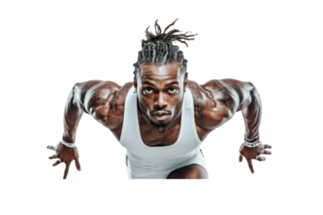 A determined sprinter, focused and athletic, speeding down a running track with powerful strides, muscles defined and expression intense, leaving the starting blocks behind