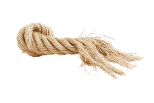 A detailed shot of a rope that is frayed at one end, with fibers fraying and separating, about to snap