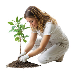 A Woman Kneeling Down to Plant a Tree Isolated on Transparent Background