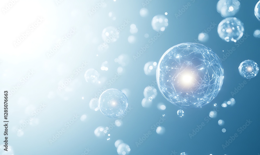 Aufkleber Floating bubbles with a soft blue background, illuminated by light, creating a serene atmosphere.