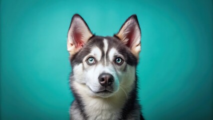 Obraz premium Close-up of a cute Siberian husky dog with expressive eyes and curious expression on a turquoise background, furry friend, domestic dog