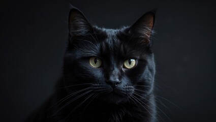 Intimate portrait of a black cat gazing at the camera, set against a dark background.