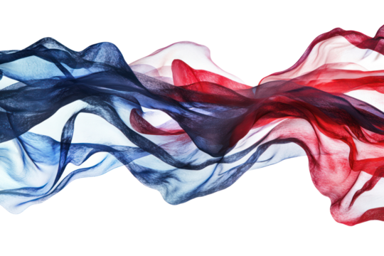 A dramatic shot of the American flag caught in a wave, with intricate folds and flowing lines that emphasize the red, white, and blue hues. The background is a crisp white, providing a sharp contrast.