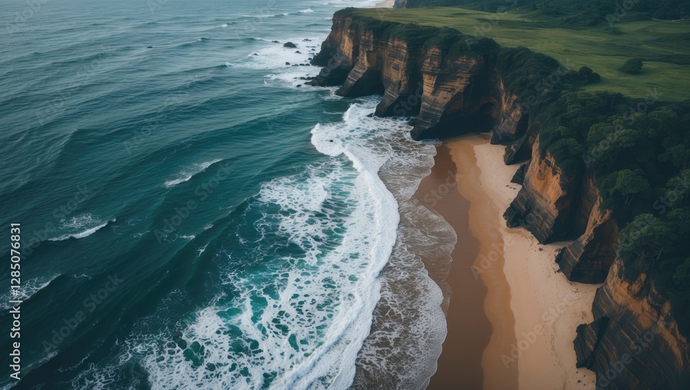 Poster aerial drone view of a rugged beach and cliffs. coastline of the indian ocean with space for text. p