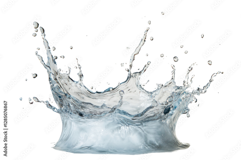 Poster a dramatic splash of water with visible droplets reflecting light, creating a sense of movement and 