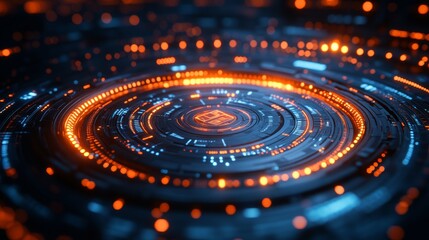 Futuristic circular interface with glowing orange and blue lights.