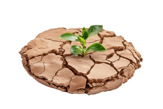 A dry, cracked earth surface with a small plant struggling to grow in the middle, representing the impact of droughts caused by global warming.
