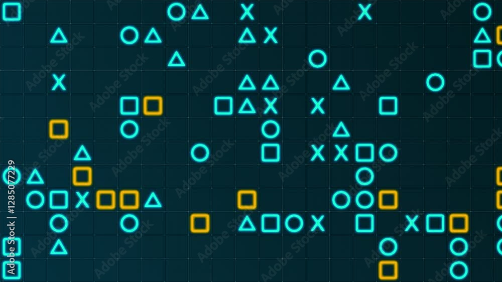 Poster blue and yellow glowing shapes matrix on a grid. texture animation, horizontal composition. technolo