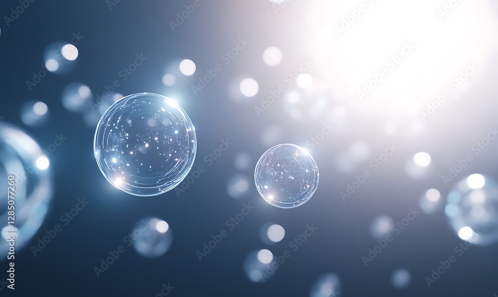 Poster floating bubbles glimmering in soft light against a dreamy blue background.