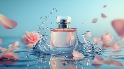 A timeless luxury perfume rests in a pool of shimmering waves, floral beauty cascading around it, set in a deep, atmospheric blue background with impeccable 8K detail.