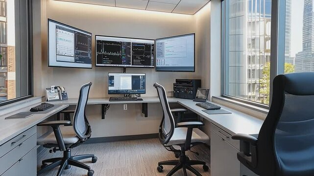 Modern Office Interior: Captivating view of an empty office workspace with multiple computer screens and ergonomic chairs, showcasing the integration of technology in a sophisticated setting.
