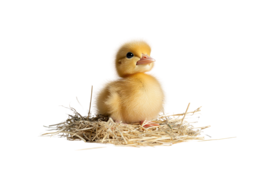 A fluffy duckling with soft yellow feathers, sitting on a bed of straw while staring up with a quizzical look, seemingly trying to understand its surroundings.