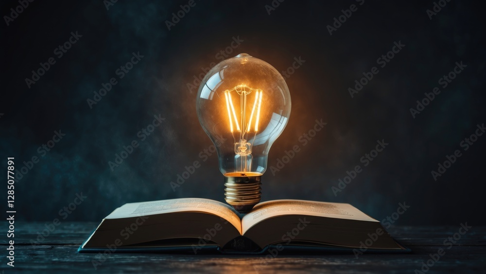 Poster illuminated bulb atop an open book against a dark backdrop, symbolizing inspiration from reading and