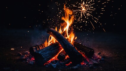 stunning image capturing the essence of a night campfire, with sparks dancing in the dark background