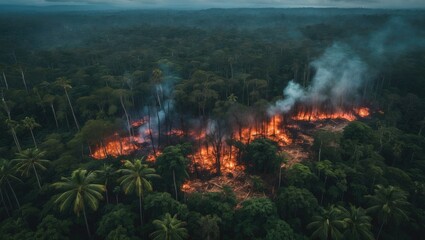 Aerial drone perspective of deforestation in the Amazon rainforest. Trees illegally cut and burned to clear land for agriculture and livestock in Jamanxim National Forest, Para, Brazil. Environment...