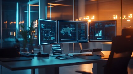 Fototapeta premium A futuristic workspace with transparent screens and holographic interfaces glowing softly in dim light