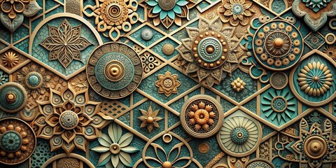 An intricate and detailed abstract wallpaper with a mix of interlocking shapes and patterns, creating a sense of depth and visual interest on the wall , abstract wallpaper, geometric patterns