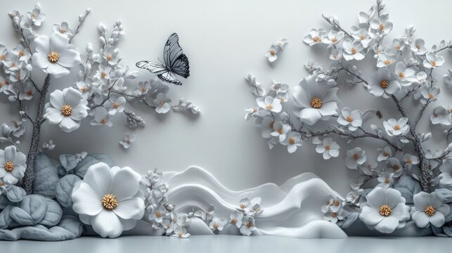 3d mural wallpaper design with render flower and tree branch. butterfly and white background. Suitable for use as a frame on walls.