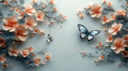 3d mural wallpaper design with render flower and tree branch. butterfly and white background. Suitable for use as a frame on walls.