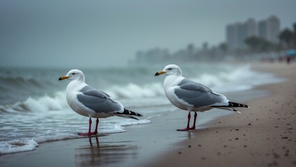 Obraz premium Two Caspian Gulls on the shore with a sea backdrop in Dammam, Saudi Arabia.