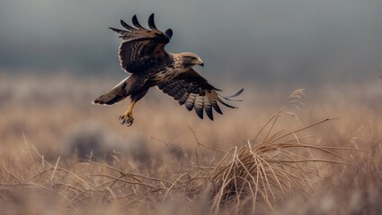 Obraz premium Buzzard in Flight Over Dry Grasslands: Long-legged Buzzard (Buteo rufinus)