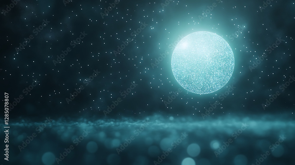 Poster mysterious glowing sphere surrounded by shimmering particles in a dark atmosphere.