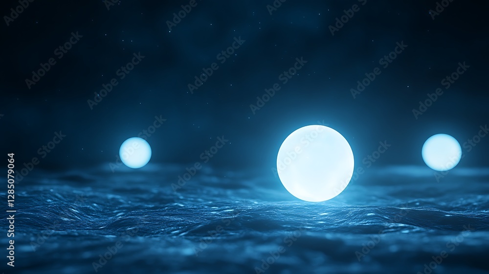 Poster glowing spheres hover above a dark, watery surface, creating a mysterious and tranquil atmosphere.