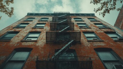 Low angle view of a weathered brick building with a prominent fire escape.