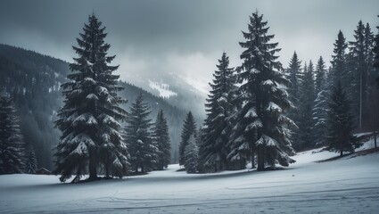 Fototapeta premium Evergreen trees at a snowy Carpathian ski resort