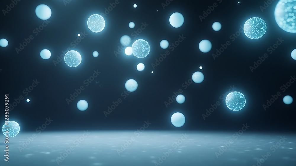 Poster digital representation of floating blue particles in a dark environment.