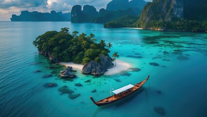 Aerial drone view captures a secluded island with a classic longtail boat in Thailand's stunning turquoise waters.
