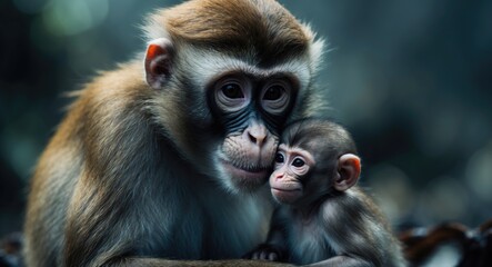 Fototapeta premium infant monkey cuddling with its mother