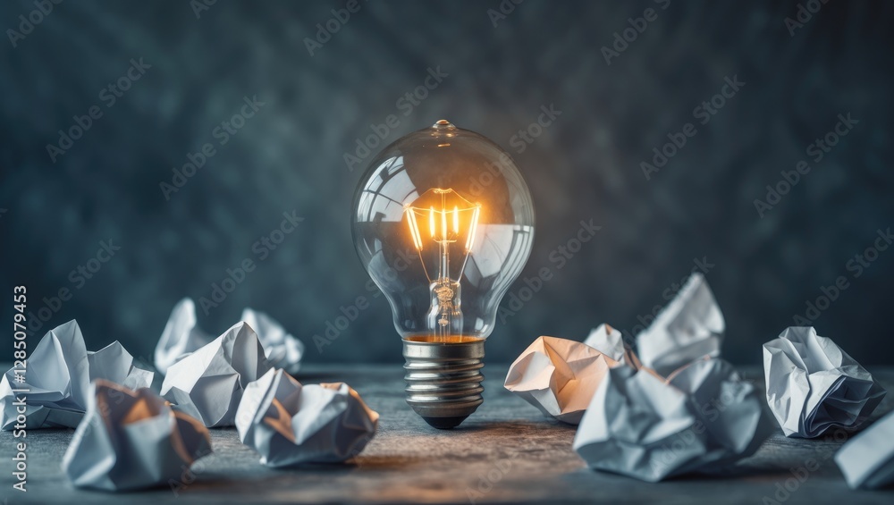 Poster metaphor for selecting the best idea with a light bulb and crumpled paper representing inspiration.