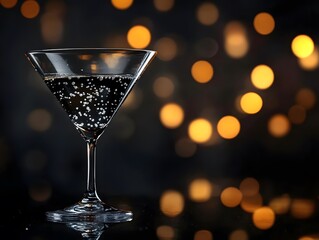 Transparent glass with water droplets on it against a blurred dark background