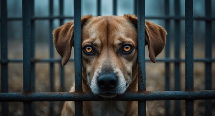 Melancholic dog trapped behind bars, Hunting breed with sorrowful gaze, Animal cruelty theme