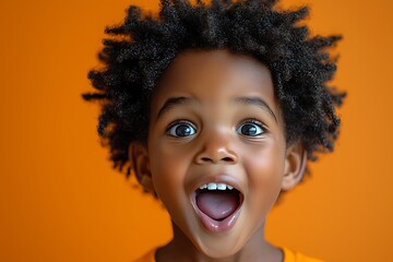 An African American boy shows a genuine, astonished reaction, his surprise and excitement captured in a vivid studio shot.